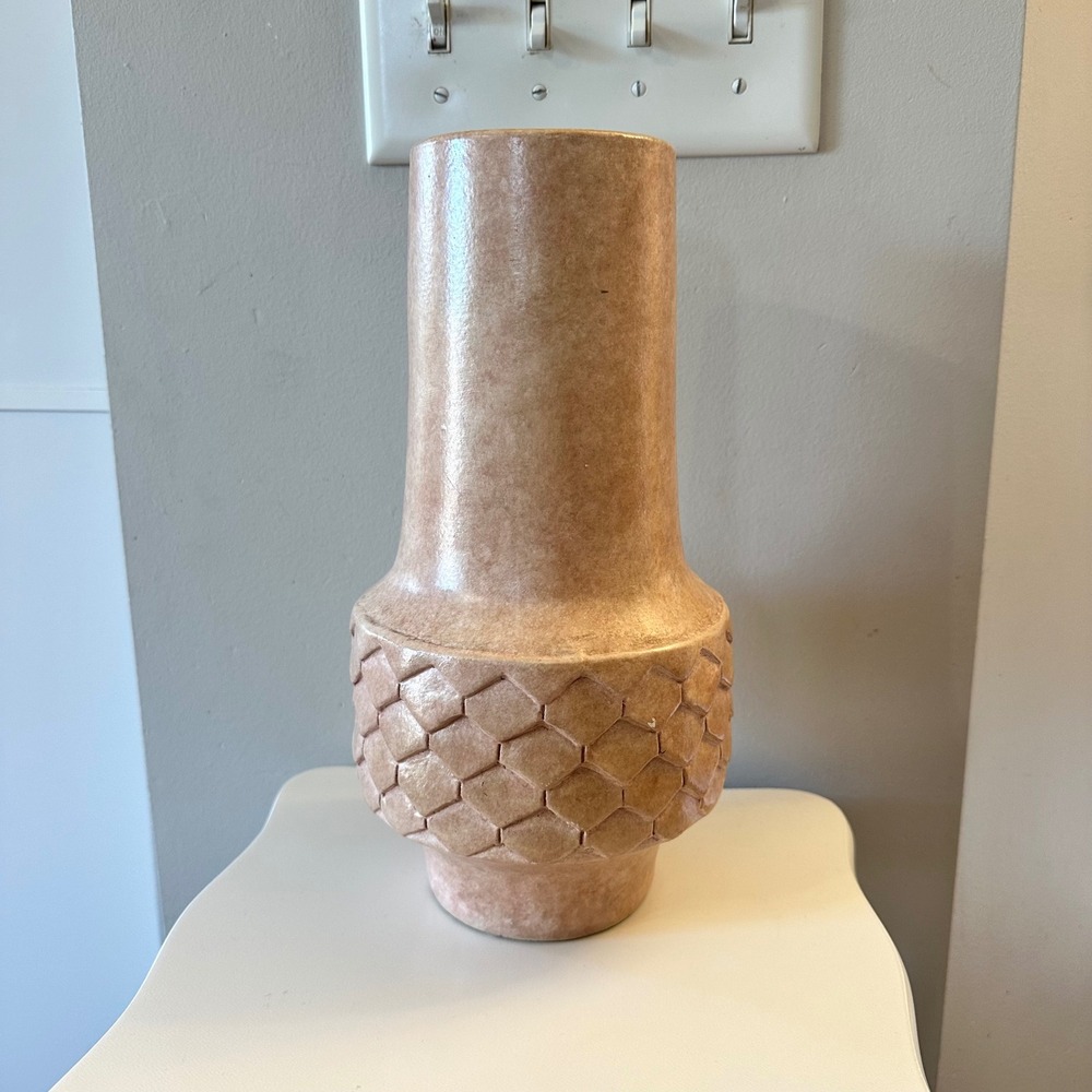 Vintage Boho Textured Bulbous Honeycomb Ceramic Floor Vase Tan Peach MCM Heavy